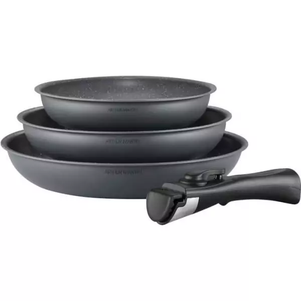 Batterie de cuisine ARTHUR MARTIN AM521GM Set de 3 poeles - Gris Mat 20-24-28 cm + 1 poignée amovible - Tous feux dont inductio