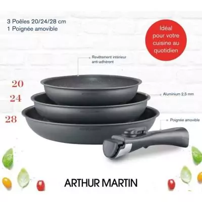 Batterie de cuisine ARTHUR MARTIN AM521GM - Set 3 poêles Gris Mat + poignée amovible Batterie de cuisine ARTHUR MARTIN AM521GM - Set 3 poêles Gris Mat + poignée amovible