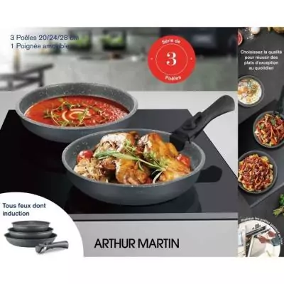 Batterie de cuisine ARTHUR MARTIN AM521GM - Set 3 poêles Gris Mat + poignée amovible Batterie de cuisine ARTHUR MARTIN AM521GM - Set 3 poêles Gris Mat + poignée amovible
