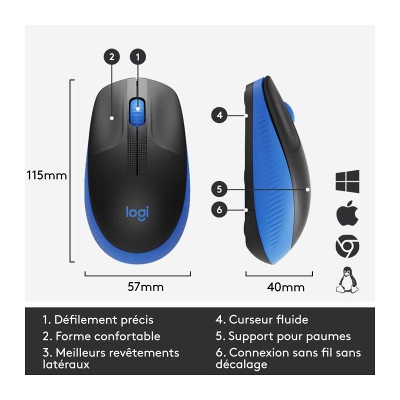 Souris ergonomique sans fil Logitech M190 - Bleu