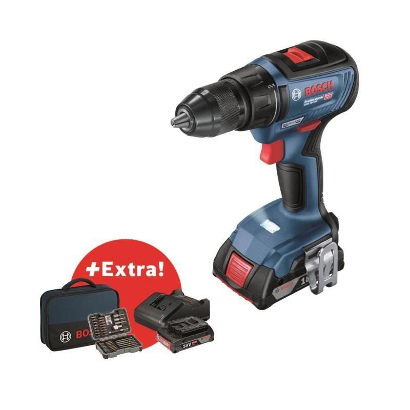 Perceuse-visseuse Bosch Pro: GSR 18V-50 + 2 batt. 2,0Ah + chrg. GAL 18V-20 + 43 acc. + Sacoche