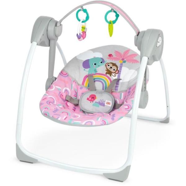 BRIGHT STARTS Balancelle bébé électrique compacte – Animaux, rose, 6 vitesses balancement, 10 chansons, 2 position d'inclin