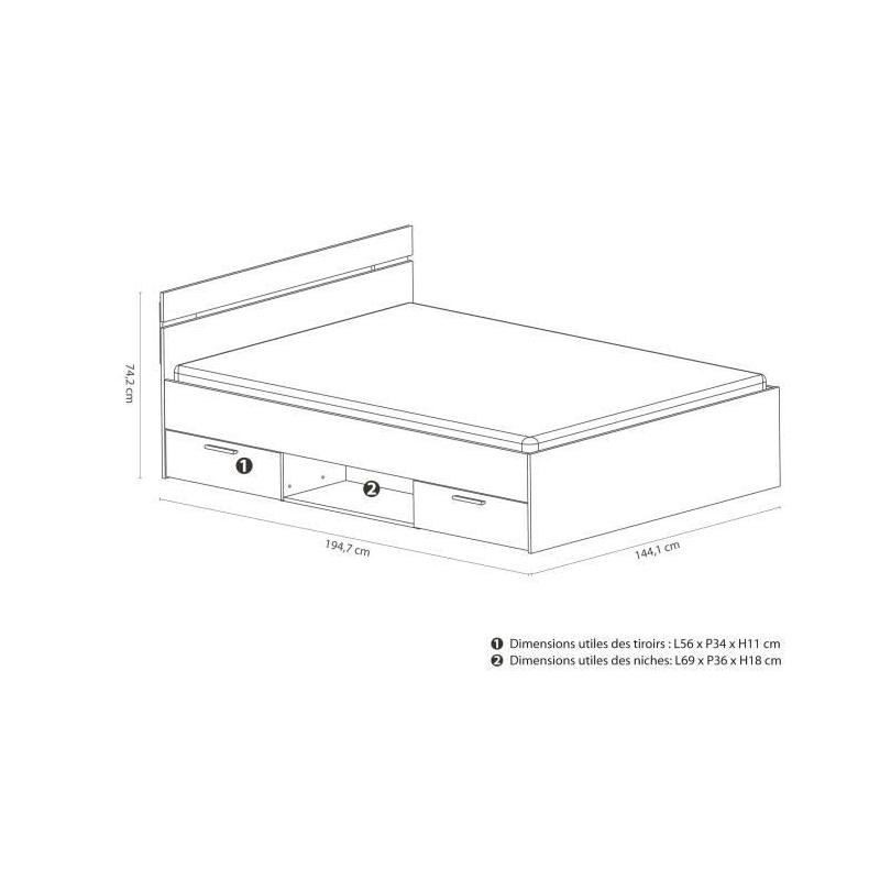 Lit adulte MICHIGAN 140x190 cm avec rangements - Blanc
