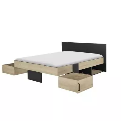 Lit adulte avec tiroirs de rangement - Châtaignier et noir - 140x190