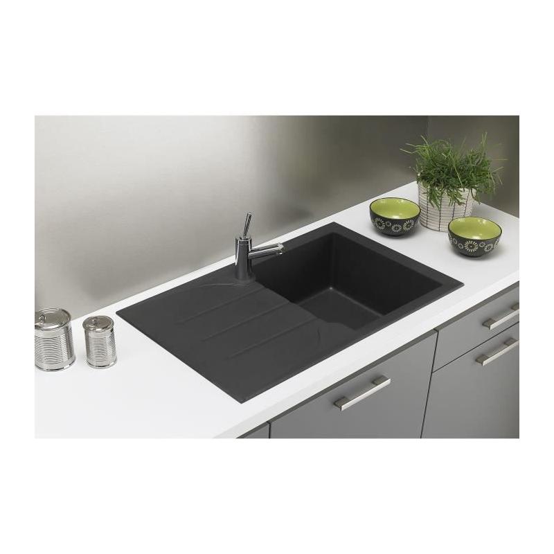 Évier cuisine encastrable 1 bac + 1 égouttoir Aloa - Résine - 81 x 50 cm - Noir