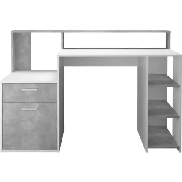Bureau avec réhausse et rangements BOLTON - Mélamine blanc/gris béton - L138,5 x H91,6 x P53,5 cm
