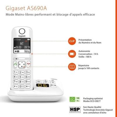 Téléphone Fixe AS690 A Trio Blanc - GIGASET: 20 sonneries - Mains libres