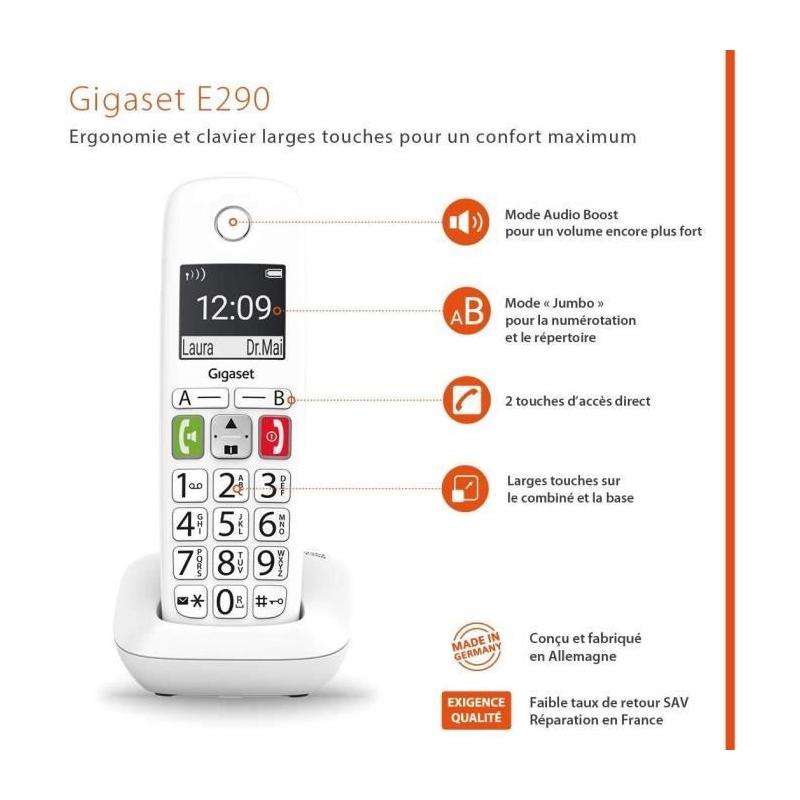 Téléphone Fixe sans Fil - GIGASET E290 Duo Blanc - Son Amplifié