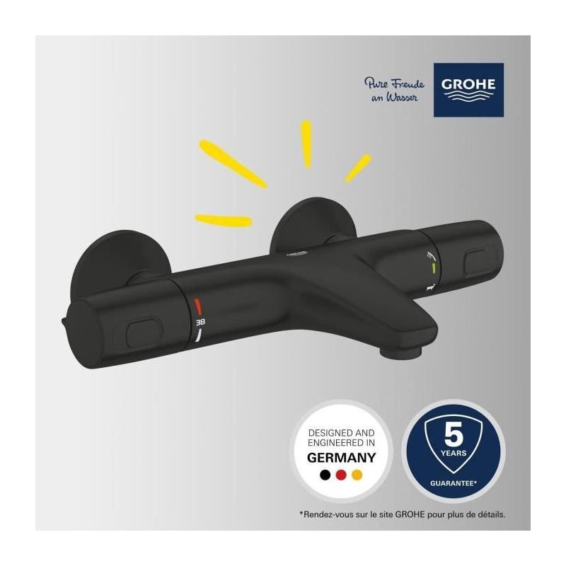 Mitigeur thermostatique bain/douche noir mat GROHE - Économie d'eau