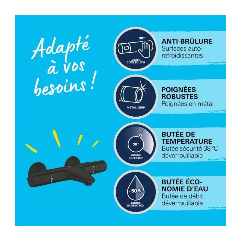 Mitigeur thermostatique bain/douche noir mat GROHE - Économie d'eau