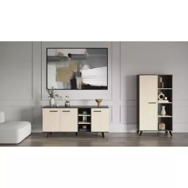 Ensemble salon - Enfilade, buffet haut, table basse - KENT- Chene de fil / Sidewalk - DEMEYERE