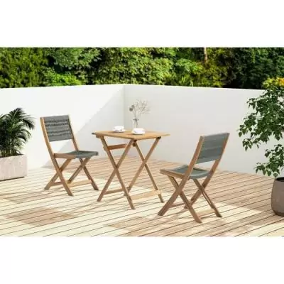 Ensemble bistrot pliable en bois d'acacia FSC avec tressage en corde verte - 2 personnes - MAKENA