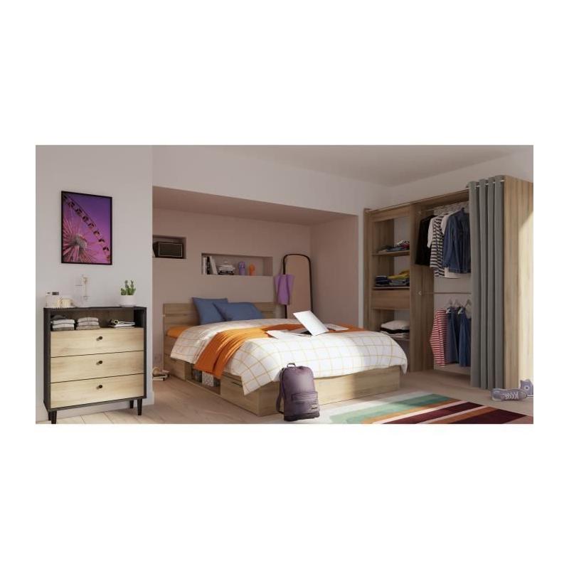 Structure de lit adulte avec rangements - Chêne brossé 160x200 cm