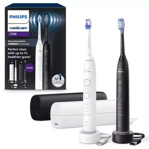 Brosse a dents - PHILIPS - HX7429/02 - Sonicare - Double manche Serie 7100 - Blanc & Noir - Eléctrique
