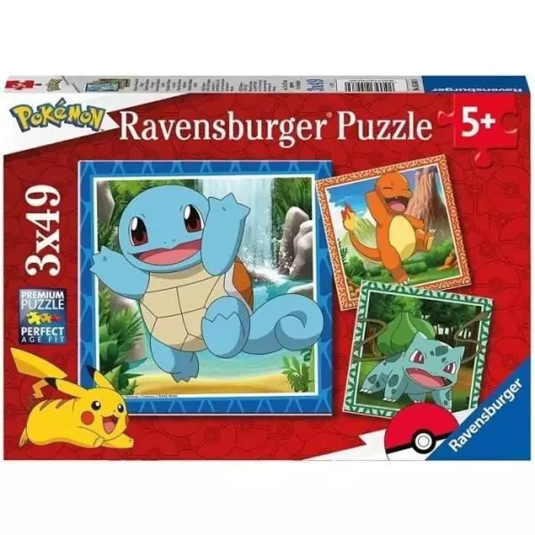 Puzzle pour enfants 3x49 pieces Pokémon - Salameche, Bulbizarre et Carapuce - Des 5 ans - 3 posters inclus - 05586 - Ravensburg