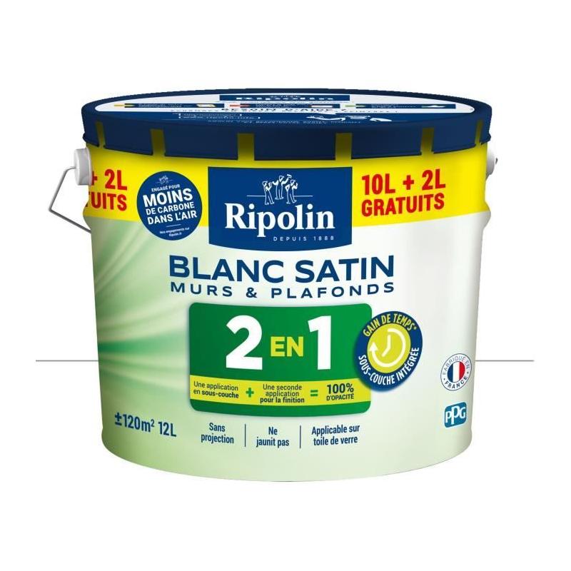 Peinture Murs et Plafonds 2 en 1 Blanc Satin Ripolin 10L + 2L gratuits : l'offre parfaite !
