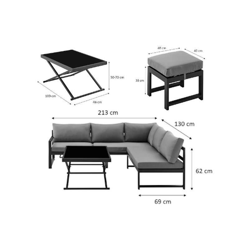 Salon de jardin aluminium 7 places avec coussins - Hipu Gris