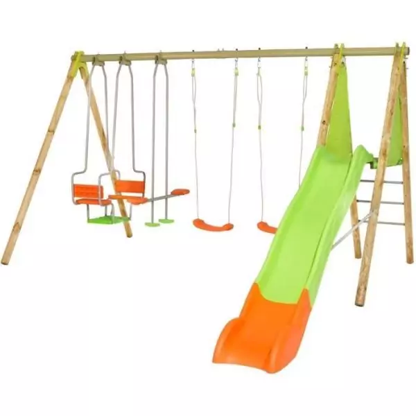 Portique bois et métal - 2,30m - 2 balançoires, 1 face a face, 1 nacelle et 1 toboggan 2,63m - KAHUNA TRIGANO