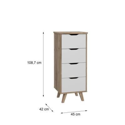 Chiffonnier 4 tiroirs - Décor chêne et blanc - Style contemporain