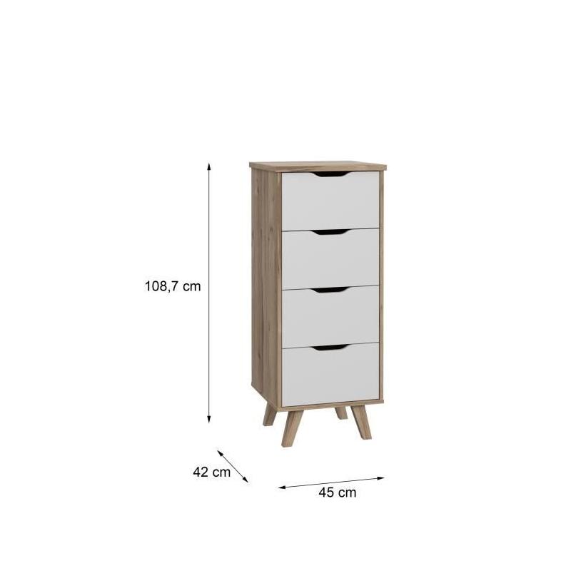 Chiffonnier 4 tiroirs - Décor chêne et blanc - Style contemporain
