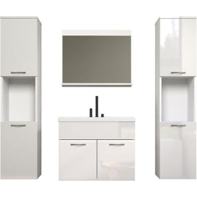 Ensemble salle de bain blanc brillant - 2 colonnes + meuble vasque + miroir