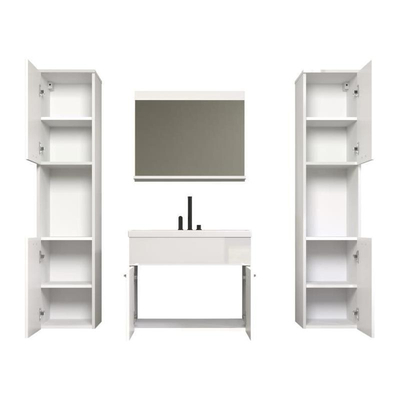 Ensemble salle de bain blanc brillant - 2 colonnes + meuble vasque + miroir