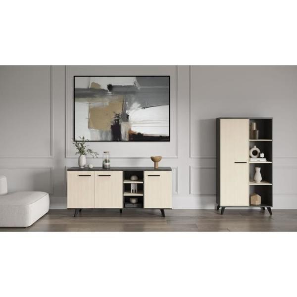 Ensemble séjour - Enfilade, Buffet haut, Table - KENT - Chene de fil / Sidewalk - DEMEYERE