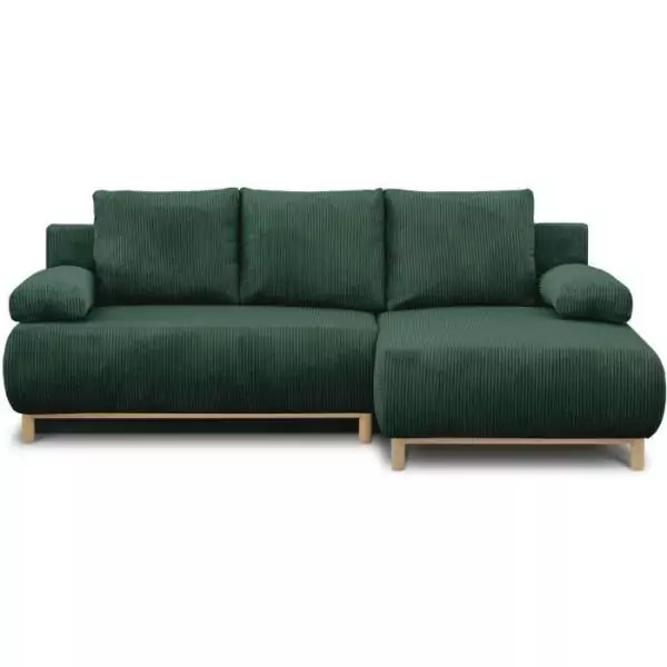 Canapé d'angle droite convertible - 3 places - MIKA - Tissu velours côtelé vert foncé - Coffre de rangement - 192 x 84 x 93