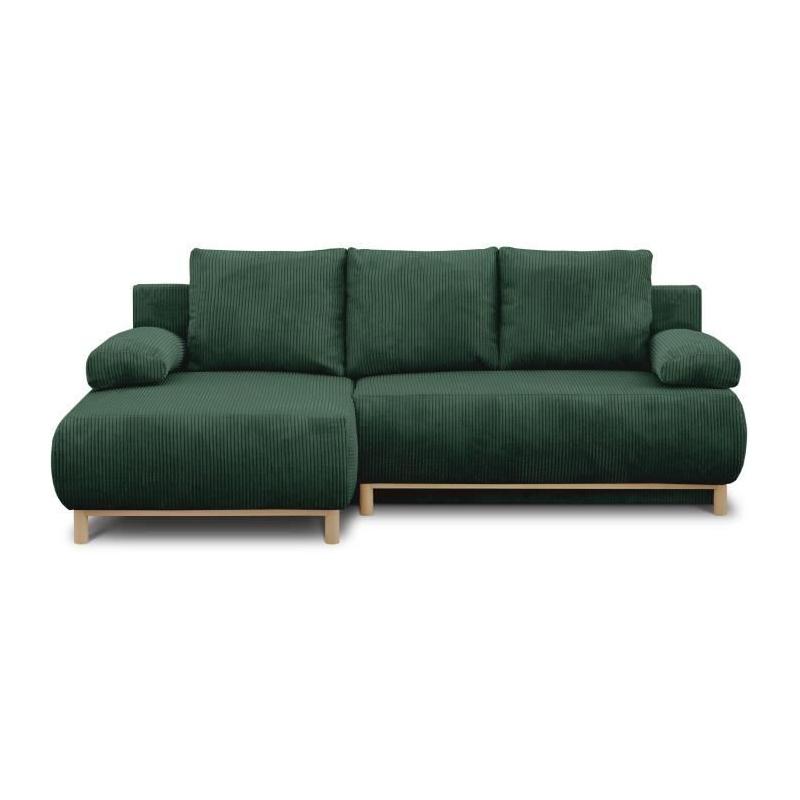 Canapé d'angle gauche convertible MIKA en velours vert foncé - Coffre de rangement