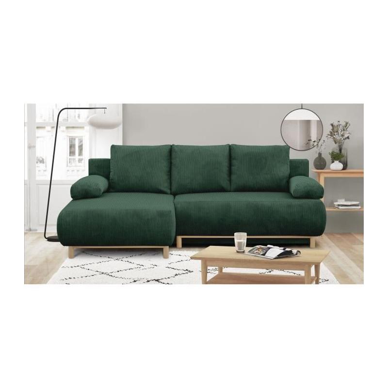 Canapé d'angle gauche convertible MIKA en velours vert foncé - Coffre de rangement