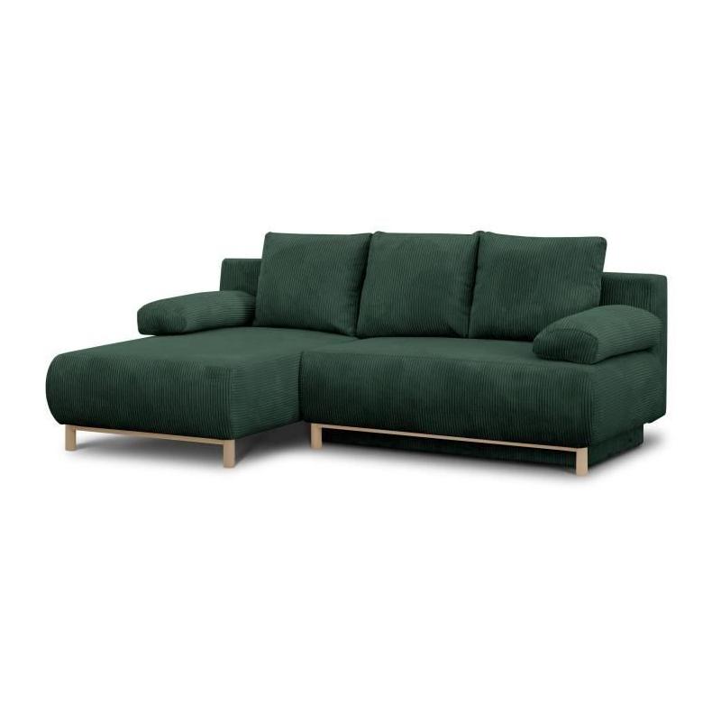 Canapé d'angle gauche convertible MIKA en velours vert foncé - Coffre de rangement