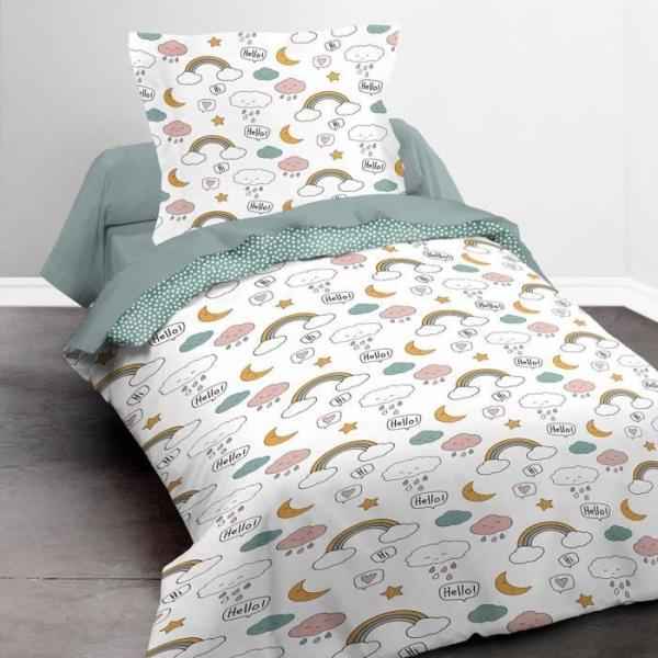 Parure de lit - RDC 1.15 - Housse de couette 140x200 cm et 1 taie d'oreiller 63x63 cm - Vert imprimé enfant - TODAY