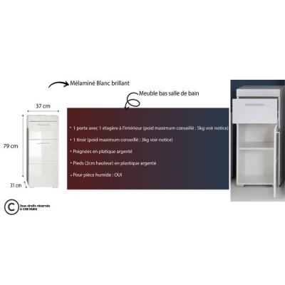 Meuble bas salle de bain blanc L - H - P : 37 - 79 - 31 cm