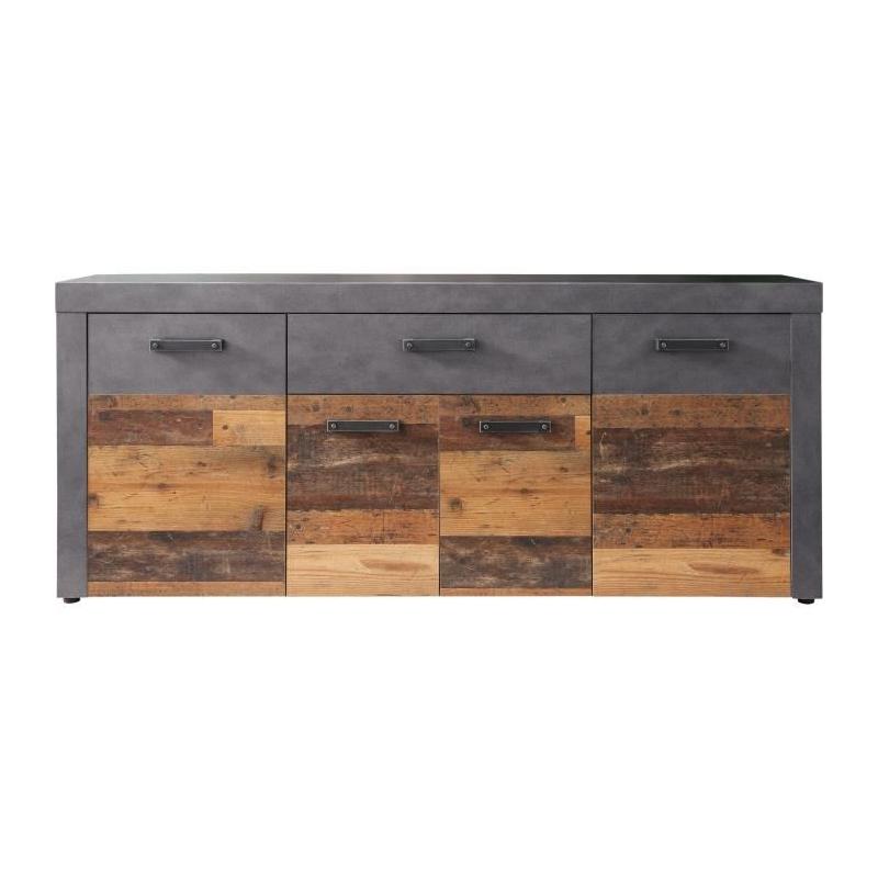 Buffet INDY 4 Portes et 1 Tiroir - Bois vieilli & Gris - L178cm