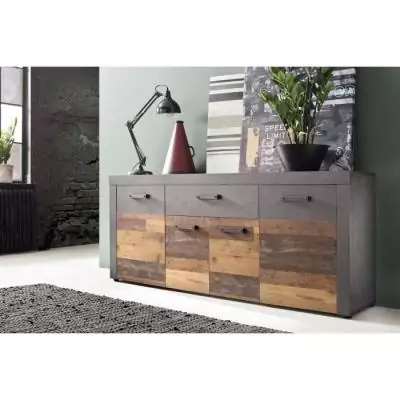 Buffet INDY 4 Portes et 1 Tiroir - Bois vieilli & Gris - L178cm