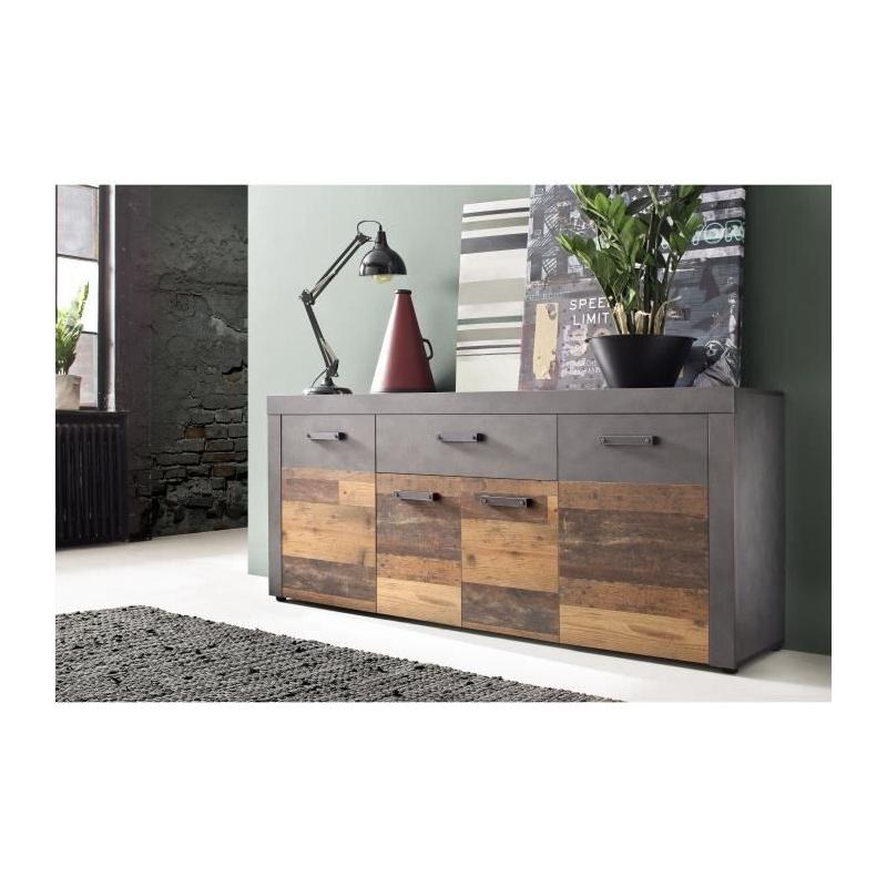 Buffet INDY 4 Portes et 1 Tiroir - Bois vieilli & Gris - L178cm