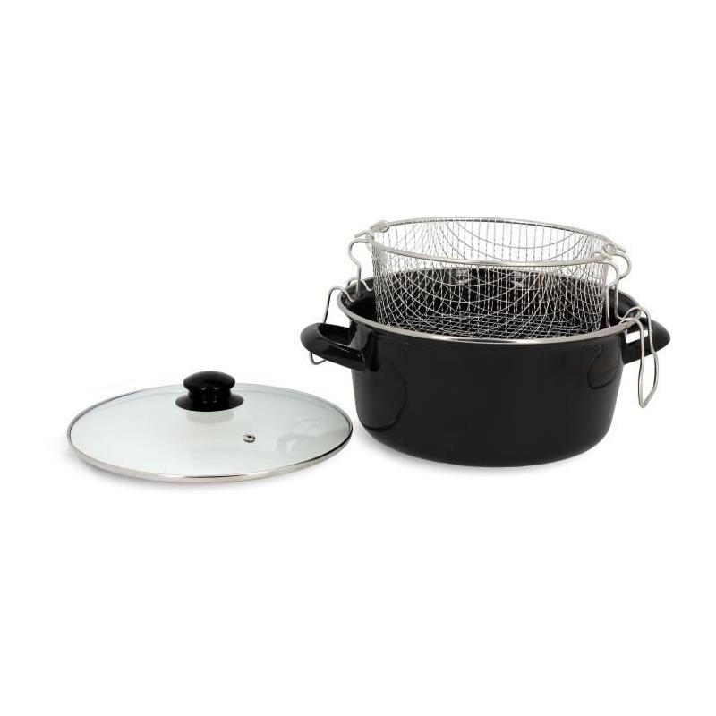 Friteuse MENASTYL 26 cm Noir - Acier émaillé - Avec couvercle et panier