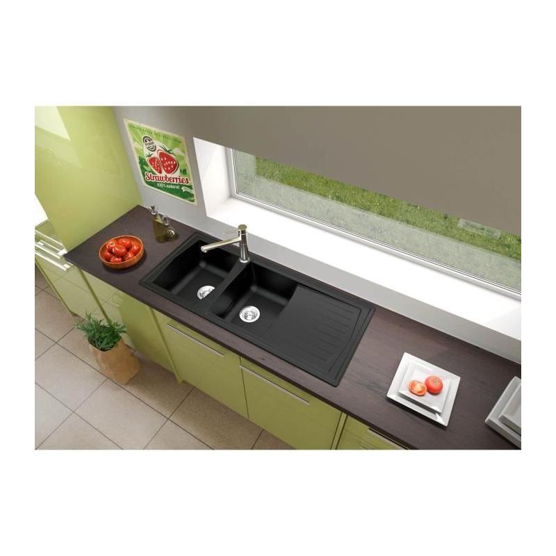 Évier cuisine en résine STRADOUR 2 bacs + 1 égouttoir - Noir