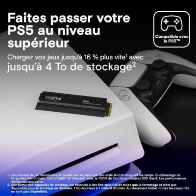 SSD Crucial T500 1 To PCIe Gen4 NVMe M.2 PS5 avec Dissipateur