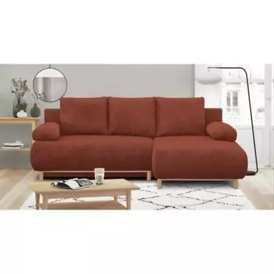 Canapé d'angle droit convertible MIKA 3 places en velours côtelé rouille