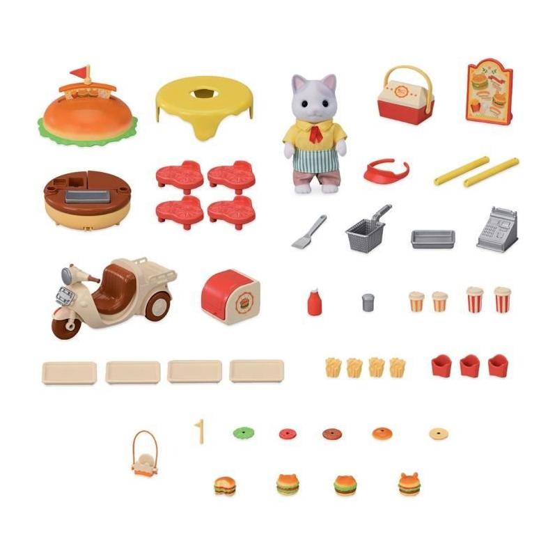 Jeux de Restauration SYLVANIAN FAMILIES - Stand de Hamburgers Papa Chat Latté et Scooter