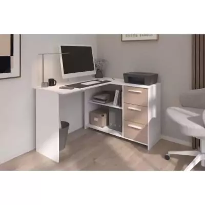 Bureau d'angle 3 tiroirs ESSENTIEL Blanc/Chene - PARISOT Bureau d'angle 3 tiroirs ESSENTIEL Blanc/Chene - PARISOT