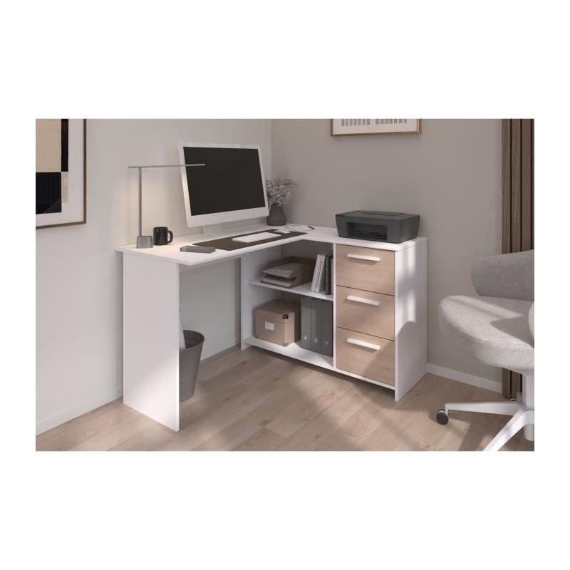 Bureau d'angle 3 tiroirs ESSENTIEL Blanc/Chene - PARISOT