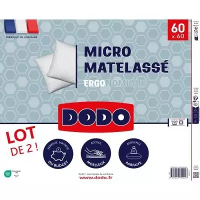 Lot de 2 oreillers DODO MICRO MATELASSE 60 x 60 cm - Blanc Lot de 2 oreillers DODO MICRO MATELASSE 60 x 60 cm - Blanc