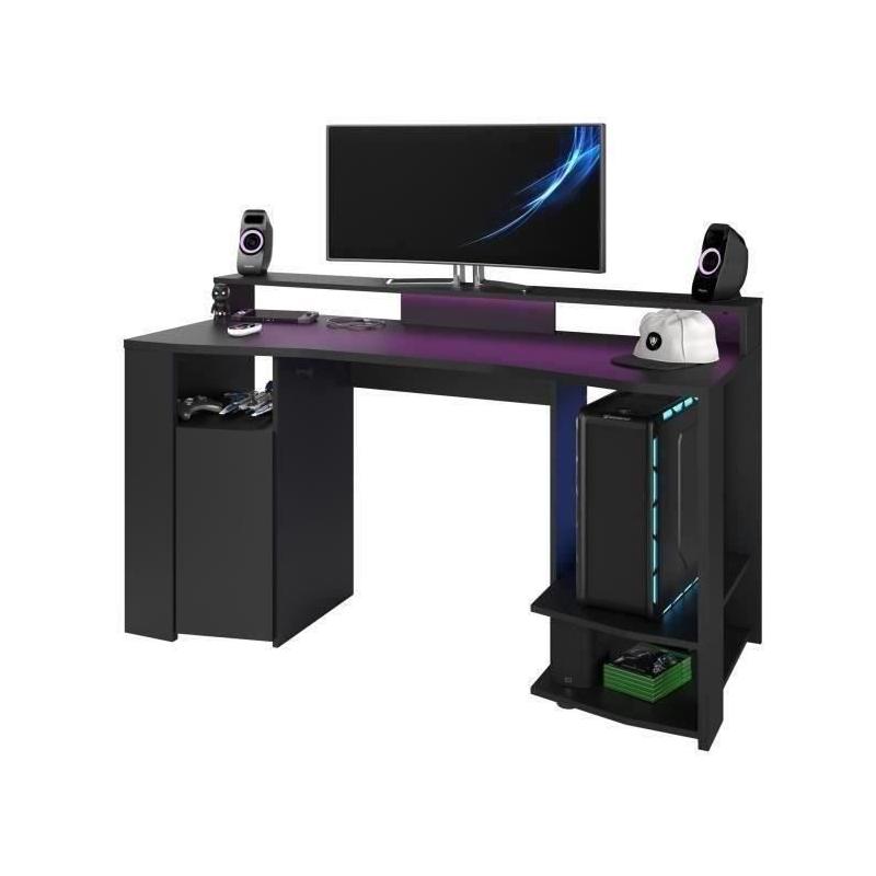 Bureau gaming LED noir - L152 x P61,5 x H86,7 cm - Grande zone de jeu