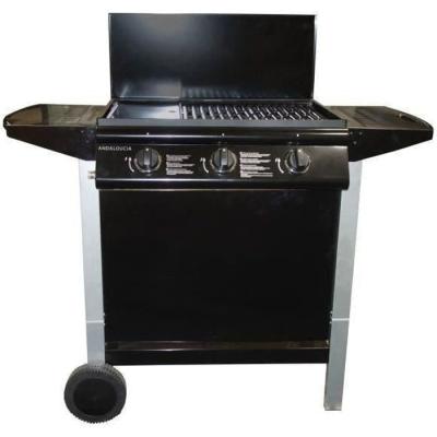 Barbecue Gaz Mixte 3 Brûleurs + Plancha sur Chariot - Fonte Émaillée