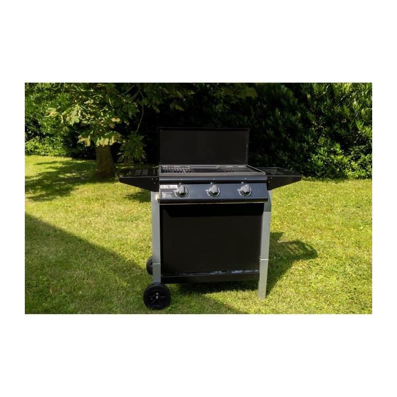 Barbecue Gaz Mixte 3 Brûleurs + Plancha sur Chariot - Fonte Émaillée