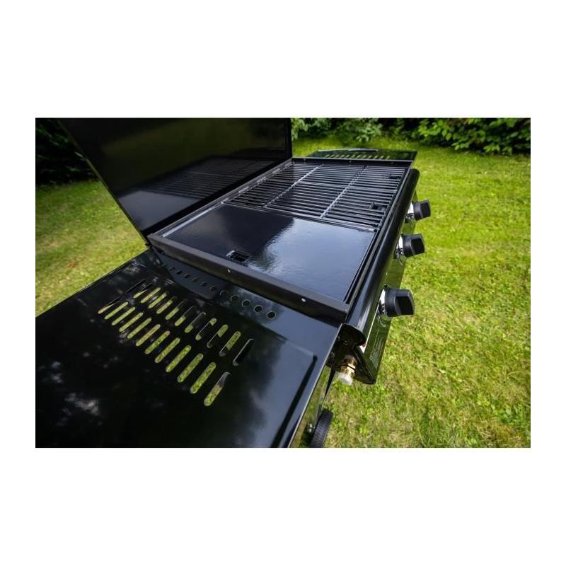 Barbecue Gaz Mixte 3 Brûleurs + Plancha sur Chariot - Fonte Émaillée