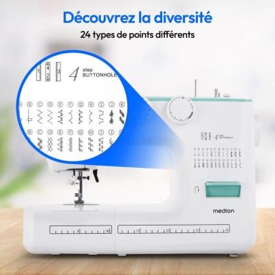 Machine a Coudre MEDION SM 60 - 62W - 24 Points - LED - Turquoise