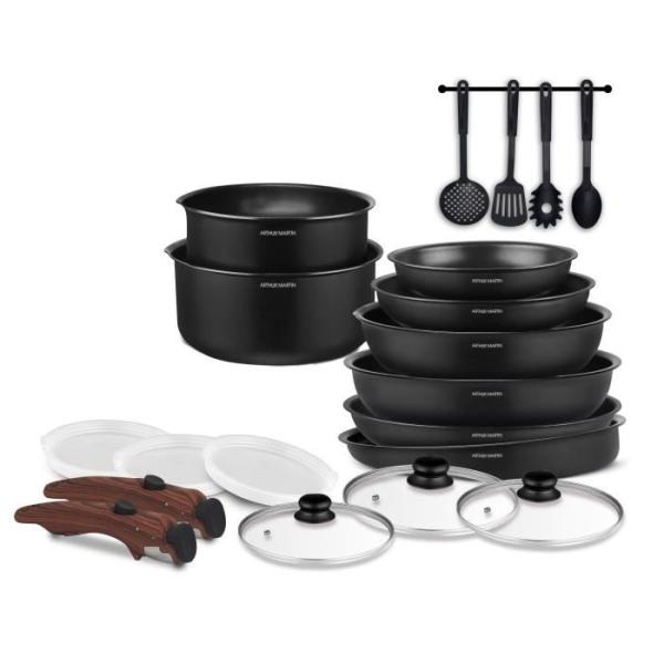 Batterie de cuisine - Tous feux dont induction - Arthur Martin - AM0530 - Aluminium - Anti-adhésif - 20 pieces - Poignée amovi